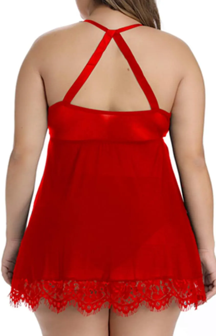FlatterMe Plus Size Lingerie Babydoll Lace Floral Halter Sleepwear Set High Neck Chemise