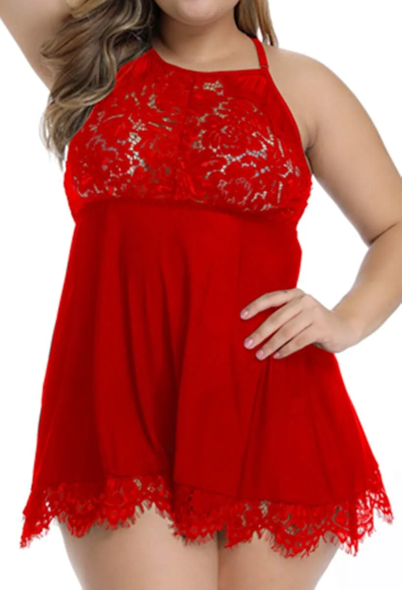 FlatterMe Plus Size Lingerie Babydoll Lace Floral Halter Sleepwear Set High Neck Chemise