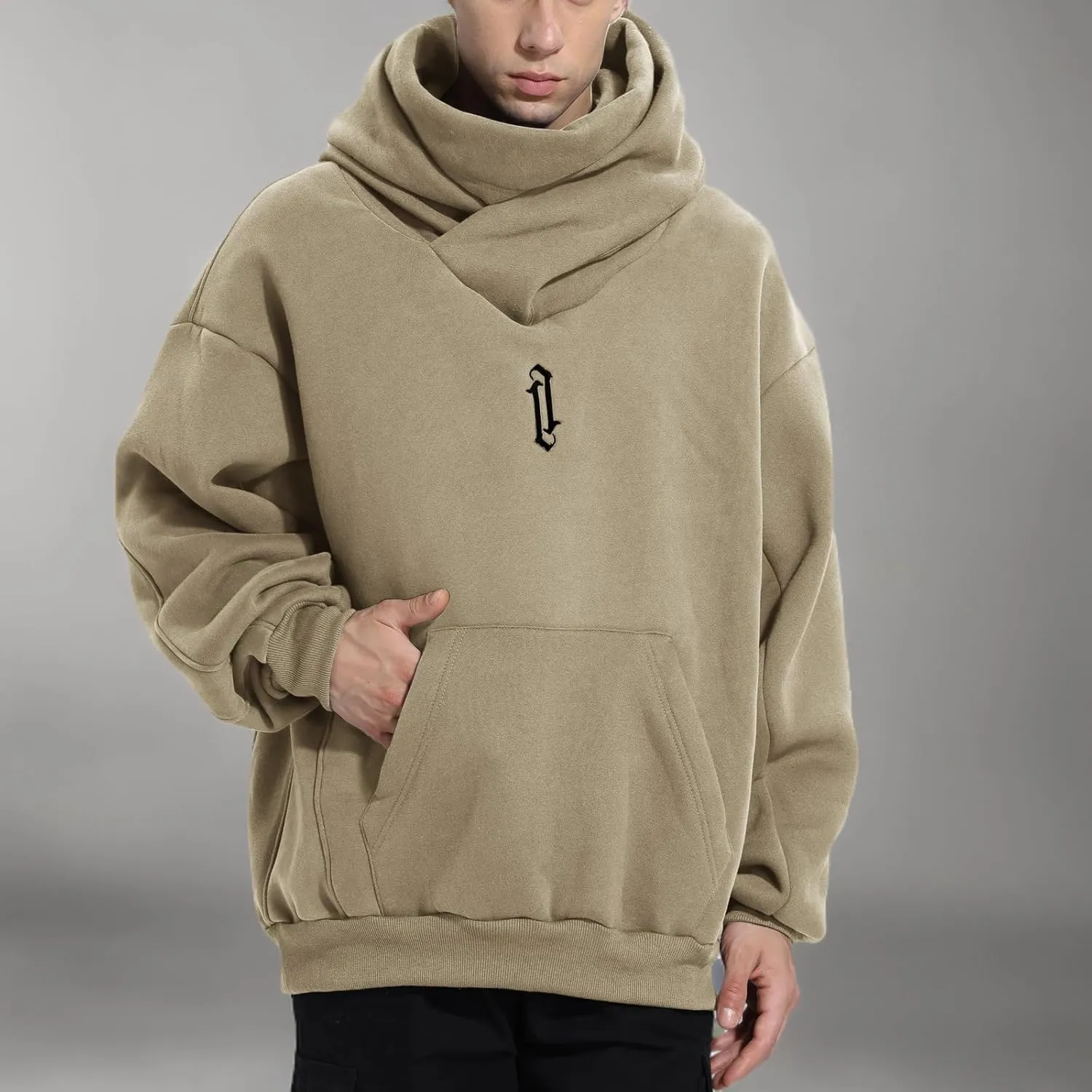 Fleece Hoodies for Men Cowl Neck Sweatshirts Casual Pullover Fall Winter Loose Fit Tops with Embroidery