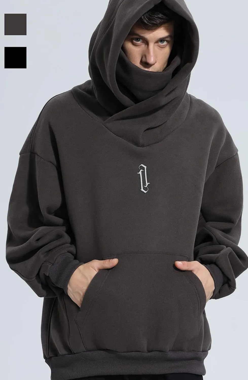 Fleece Hoodies for Men Cowl Neck Sweatshirts Casual Pullover Fall Winter Loose Fit Tops with Embroidery
