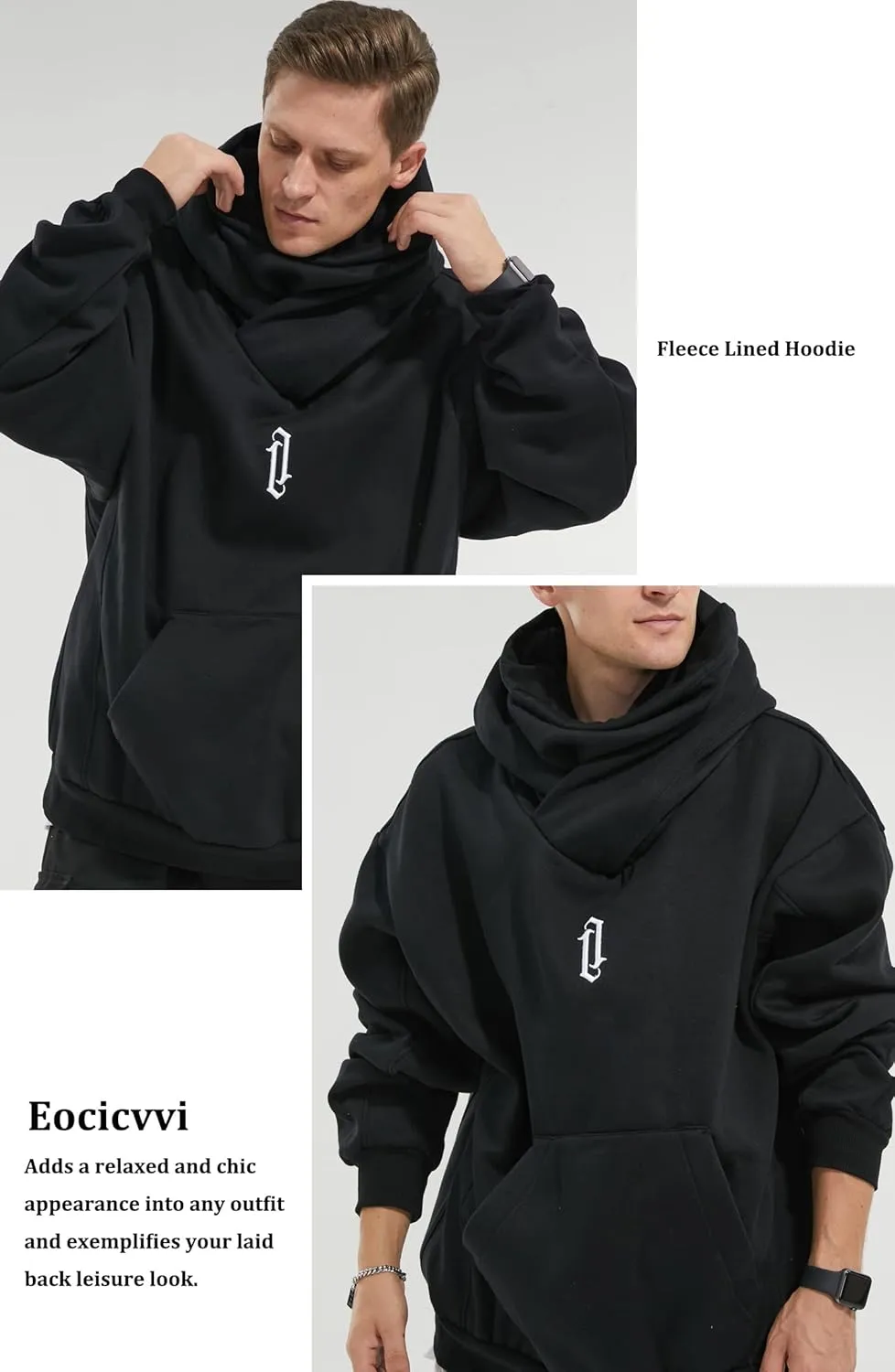 Fleece Hoodies for Men Cowl Neck Sweatshirts Casual Pullover Fall Winter Loose Fit Tops with Embroidery