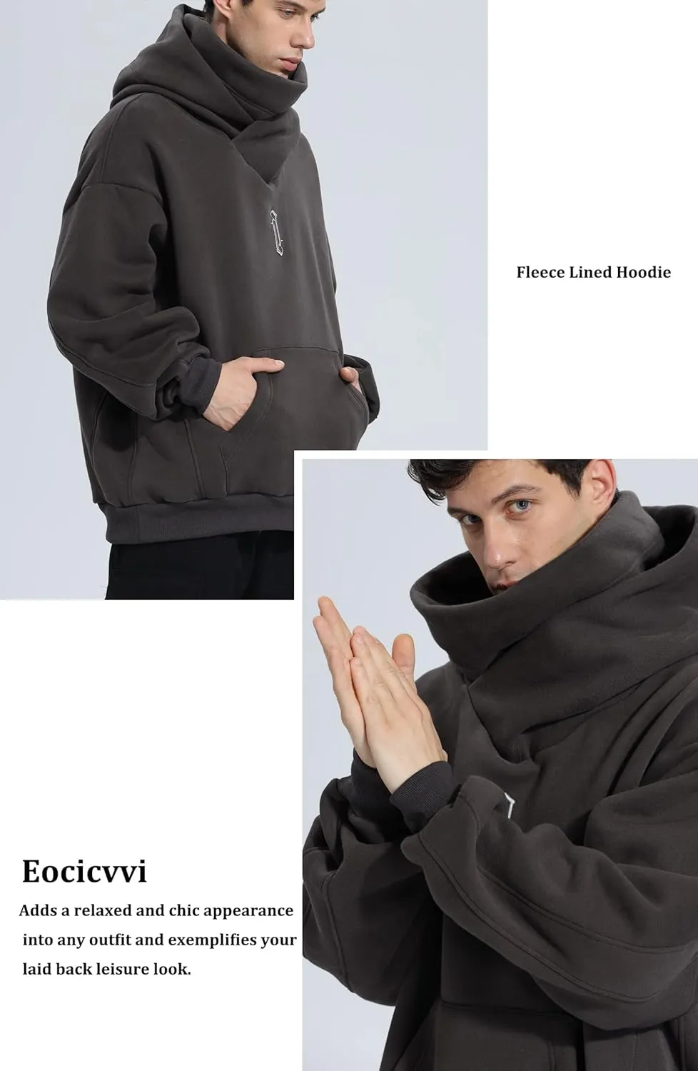 Fleece Hoodies for Men Cowl Neck Sweatshirts Casual Pullover Fall Winter Loose Fit Tops with Embroidery