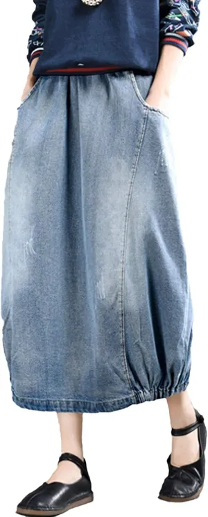 Flygo Women's Casual Elastic Waist Midi Long Denim Skirt with Pockets Light Blue