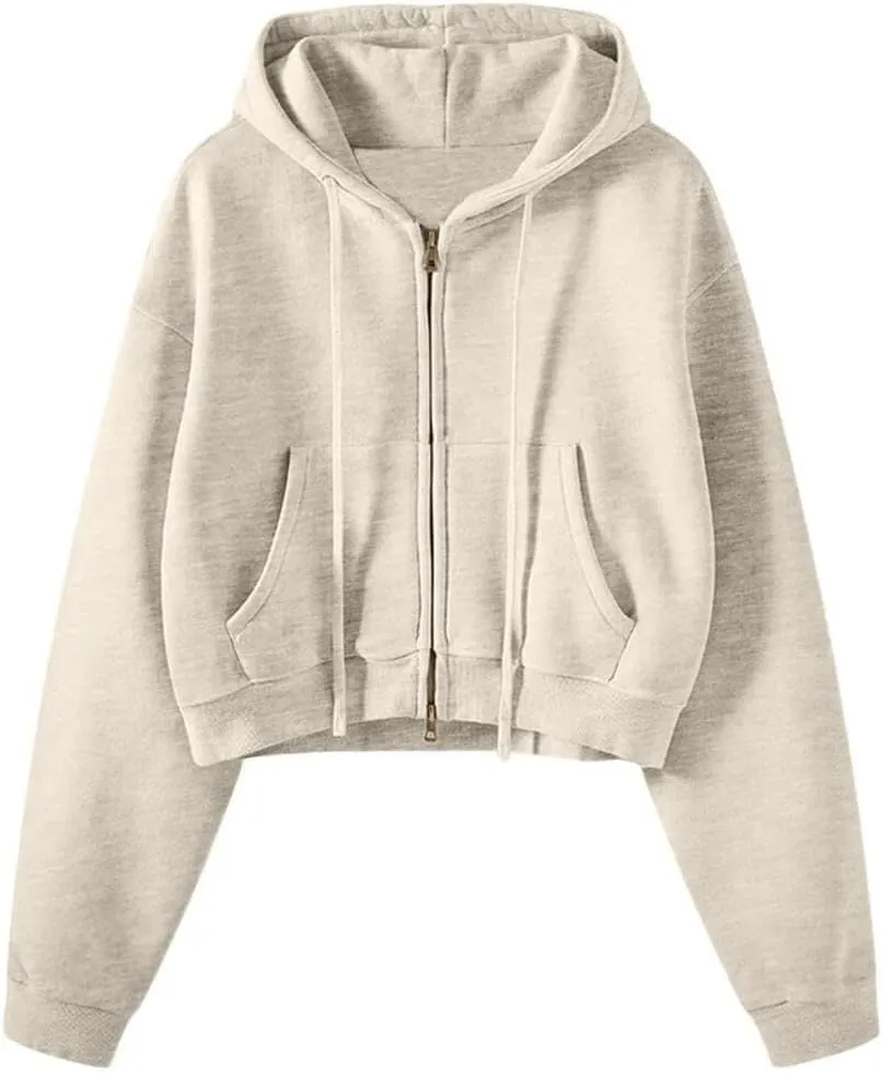 FMCHICO Women's Cropped Zip Up Hoodie Casual Long Sleeve Workout Hooded Sweatshirt Coat