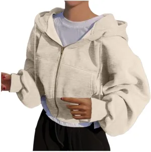FMCHICO Women's Cropped Zip Up Hoodie Casual Long Sleeve Workout Hooded Sweatshirt Coat