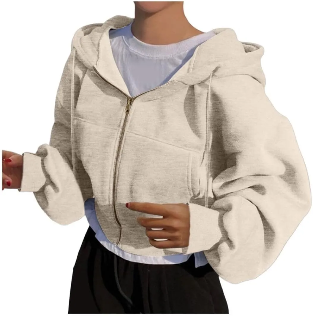 FMCHICO Women's Cropped Zip Up Hoodie Casual Long Sleeve Workout Hooded Sweatshirt Coat
