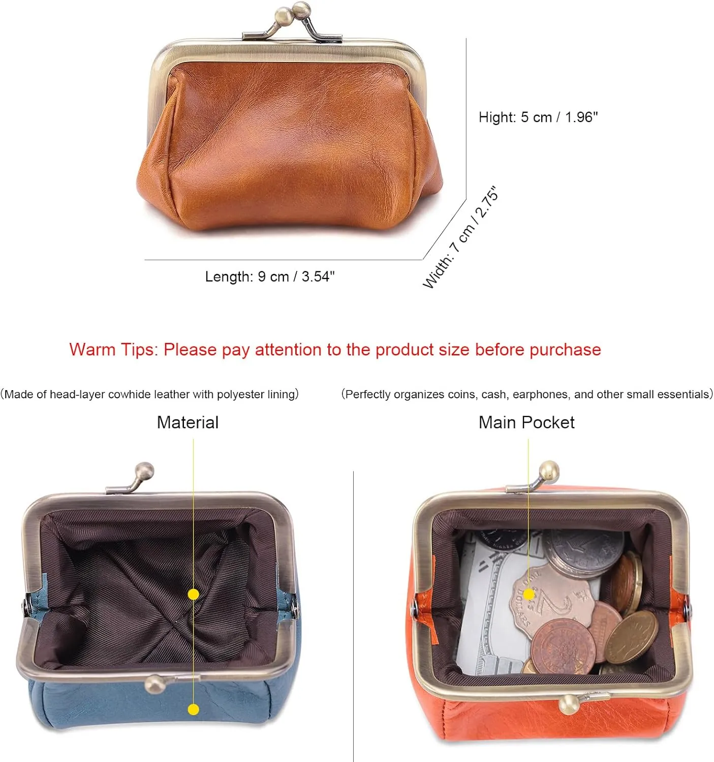 Genuine Leather Vintage Coin Purse Kiss Lock Wallet for Women Mini Cute Coin Organizer (Light Blue)