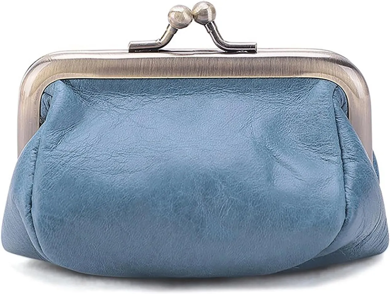 Genuine Leather Vintage Coin Purse Kiss Lock Wallet for Women Mini Cute Coin Organizer (Light Blue)