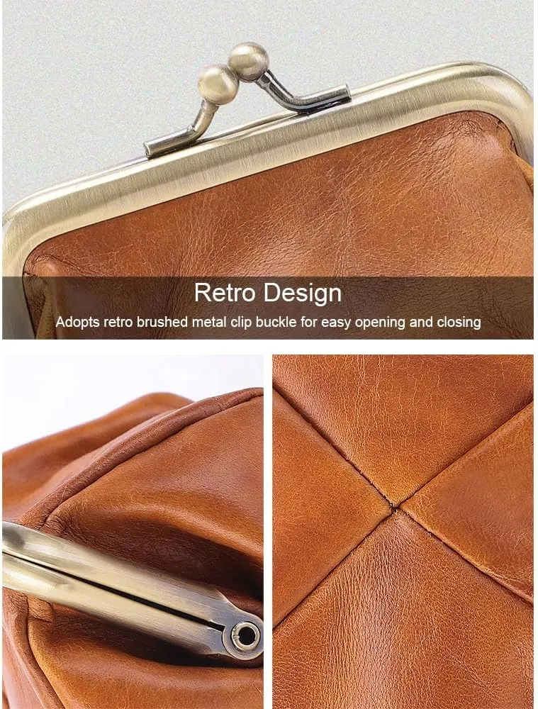 Genuine Leather Vintage Coin Purse Kiss Lock Wallet for Women Mini Cute Coin Organizer (Light Blue)