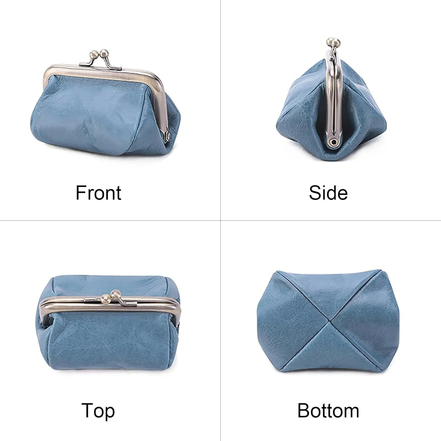 Genuine Leather Vintage Coin Purse Kiss Lock Wallet for Women Mini Cute Coin Organizer (Light Blue)