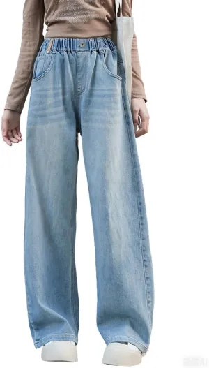 Girls Straight Wide Leg Baggy Denim Jeans,Soft Big Kids Pants Size 8-10-12-14-16