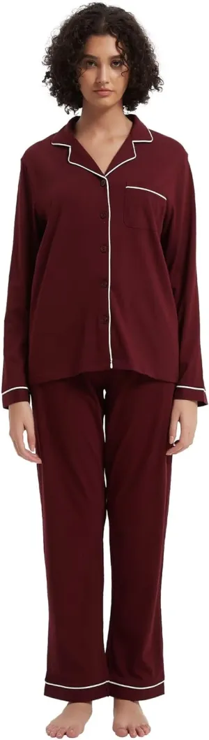 GLOBAL Women's Pajama Set 100% Cotton Soft Classic Warm Pjs Elastic High Waist Button Fly Sleepwear
