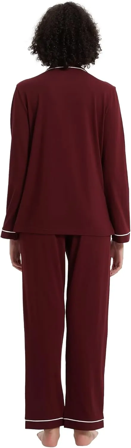 GLOBAL Women's Pajama Set 100% Cotton Soft Classic Warm Pjs Elastic High Waist Button Fly Sleepwear