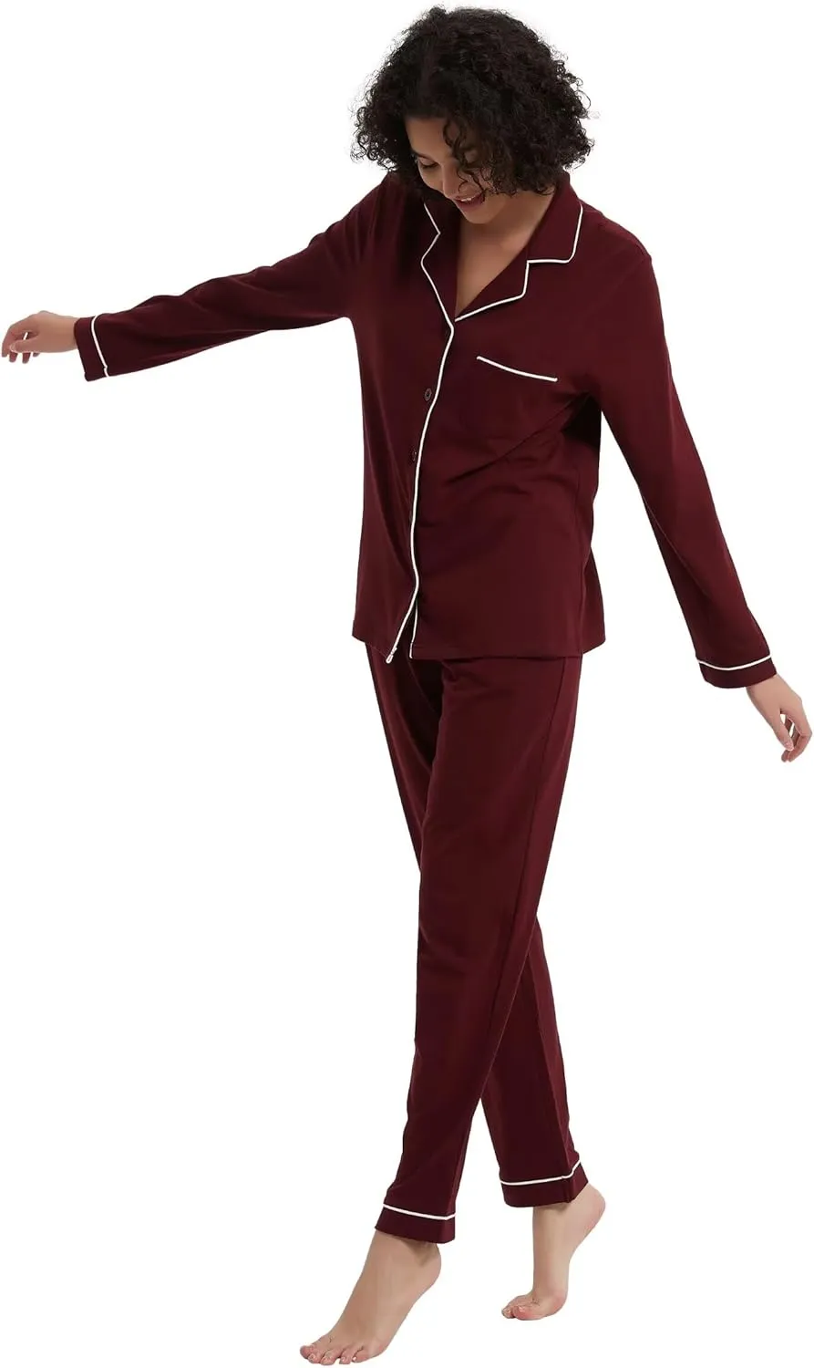 GLOBAL Women's Pajama Set 100% Cotton Soft Classic Warm Pjs Elastic High Waist Button Fly Sleepwear