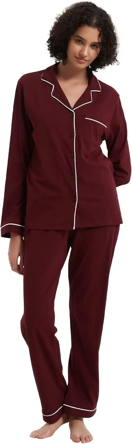 GLOBAL Women's Pajama Set 100% Cotton Soft Classic Warm Pjs Elastic High Waist Button Fly Sleepwear