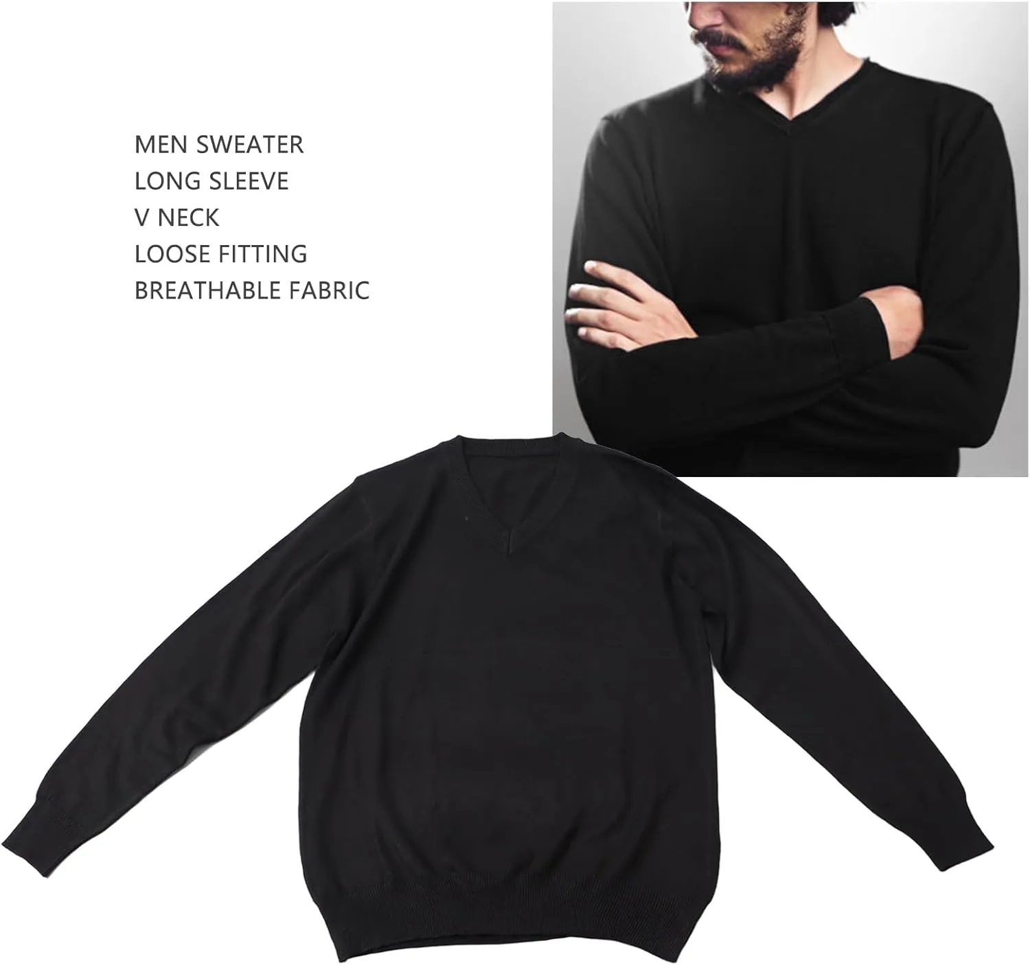 GOTOTOP Loose Men V Neck Sweater, Absorption Breathable Soft Knit Shirt, Business Work Outdoor Travel
