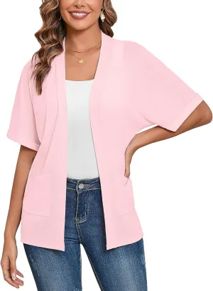 Heymoments Women's Lightweight Open Front Cardigans Short Sleeve Casual Soft Knit Cardigan Sweaters with Pocket S-2XL