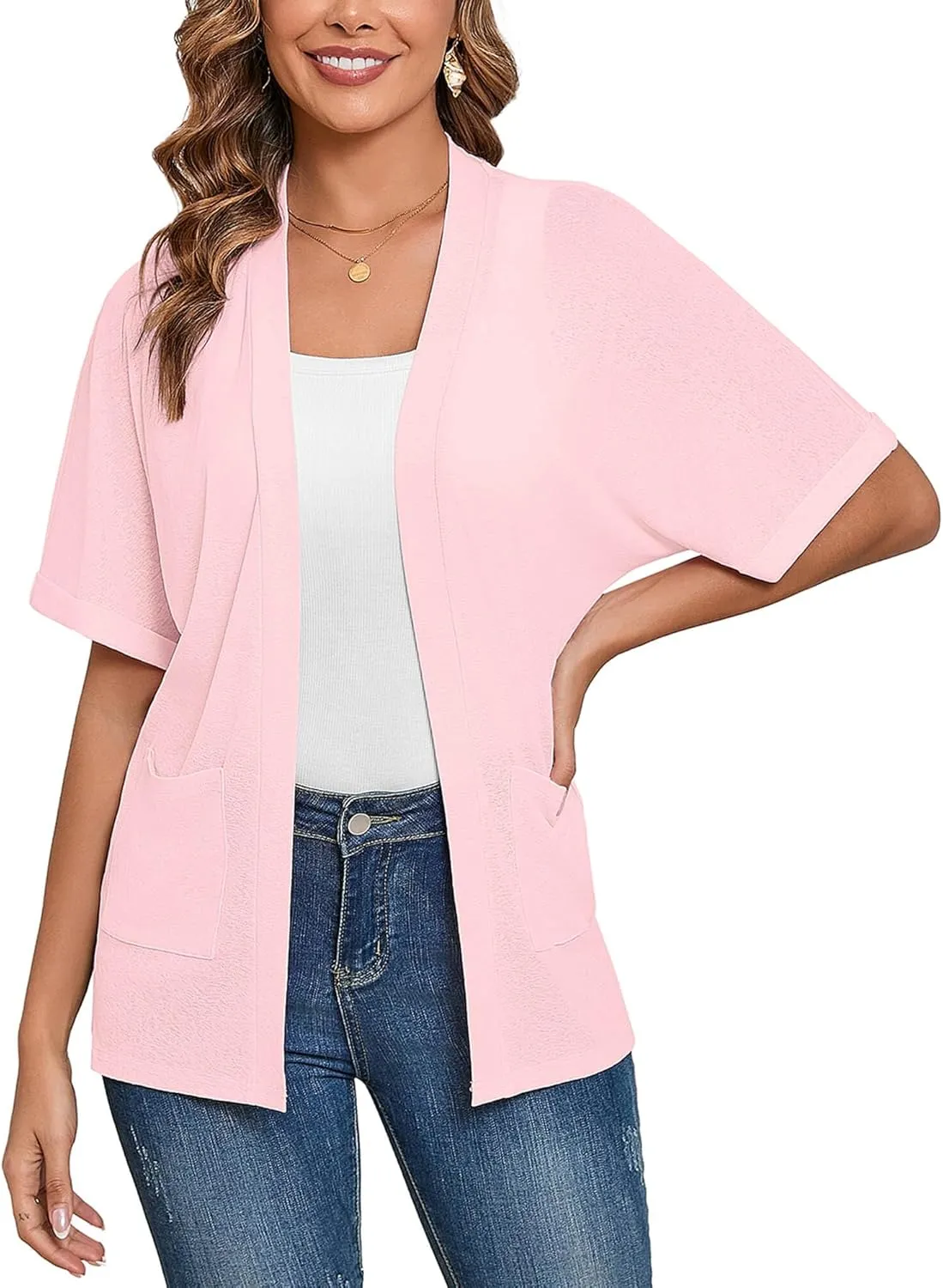 Heymoments Women's Lightweight Open Front Cardigans Short Sleeve Casual Soft Knit Cardigan Sweaters with Pocket S-2XL