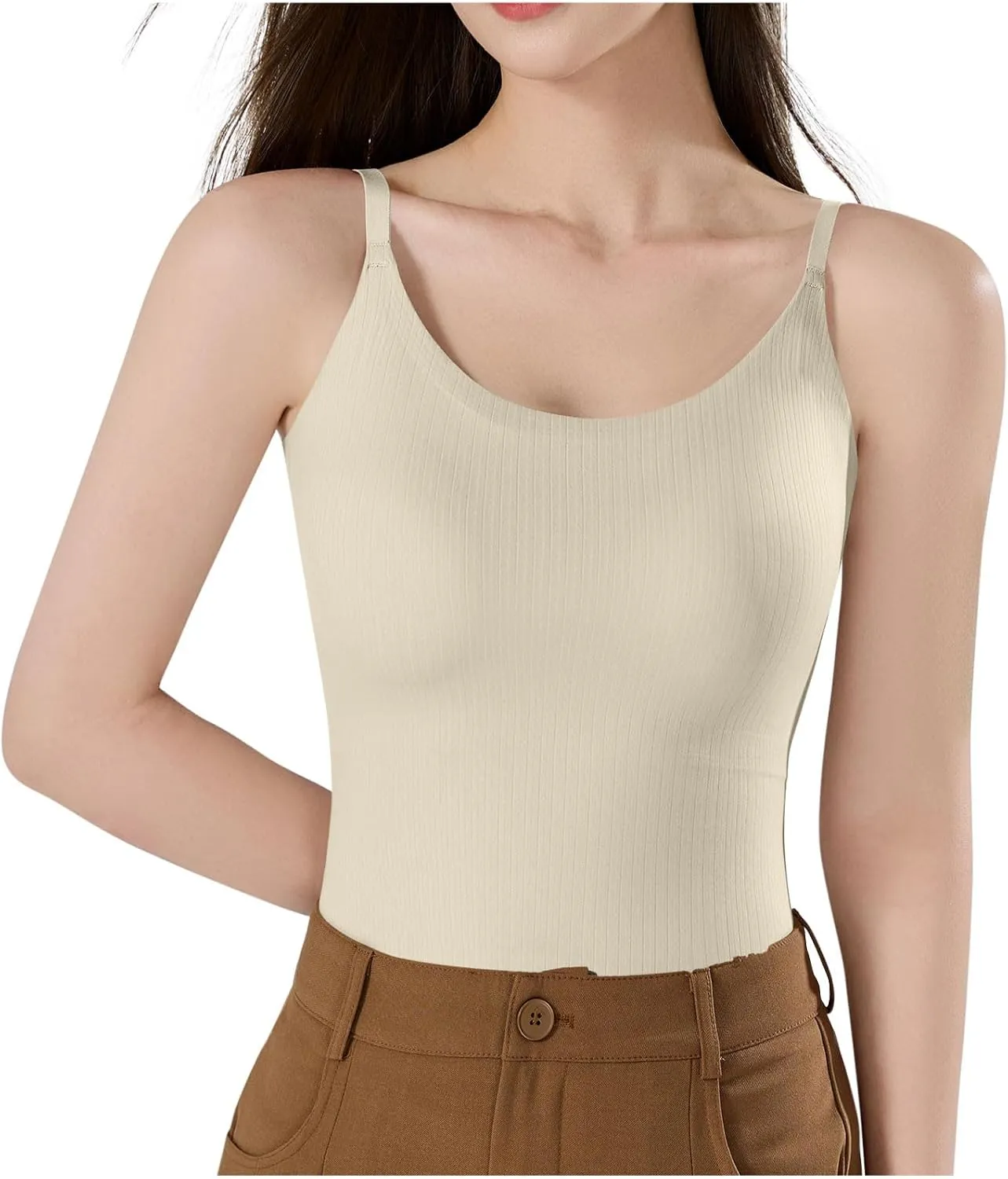 HGps8w Women's Seamless Tank Tops with Built in Bras - Basic Summer Spaghetti Strap Padded Camisole Workout Yoga Shirts