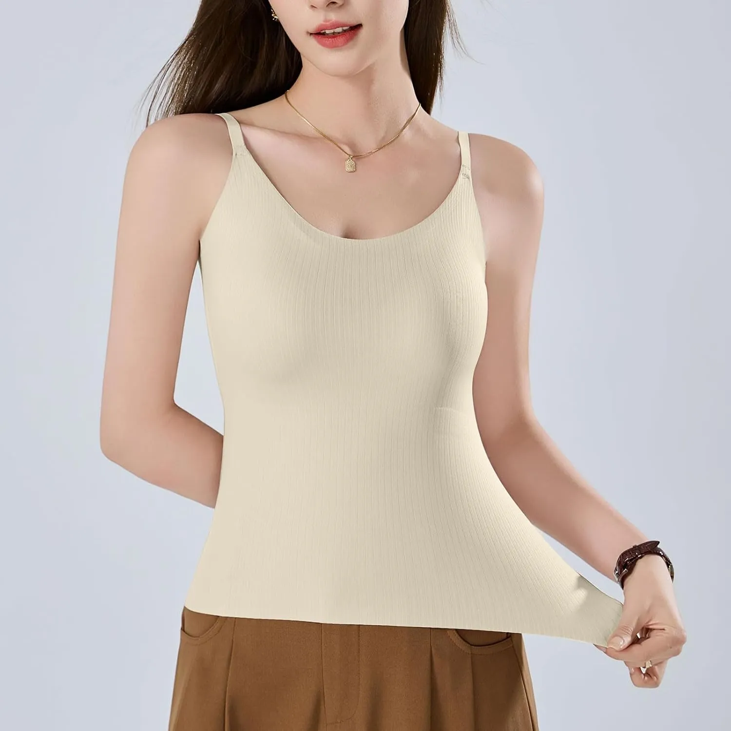 HGps8w Women's Seamless Tank Tops with Built in Bras - Basic Summer Spaghetti Strap Padded Camisole Workout Yoga Shirts