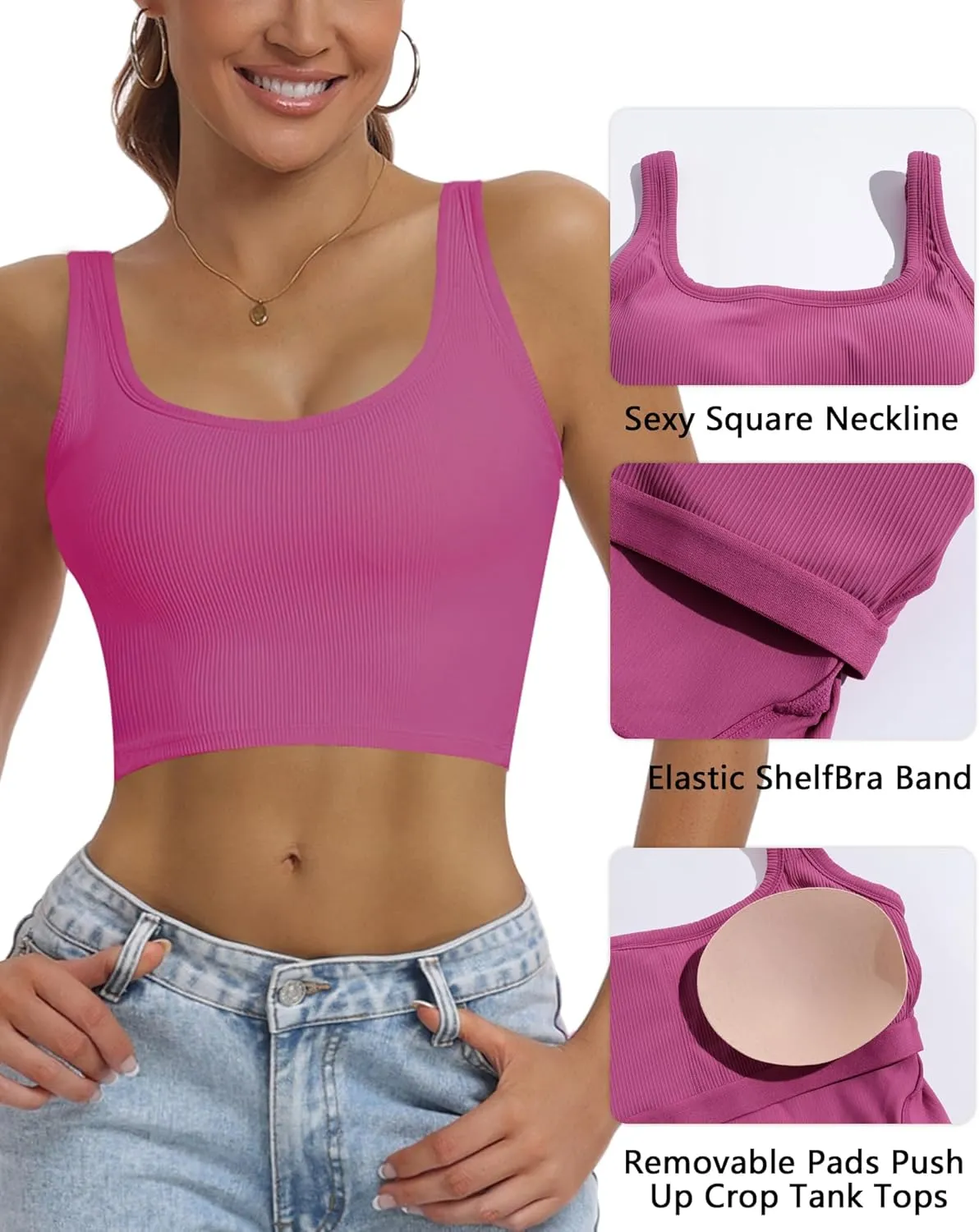 HORISUN Womens Sports Bra Longline Padded Wirefree Workout Tops Medium Support Seamless Ribbed Crop Tops Gym Yoga Tank Shirts