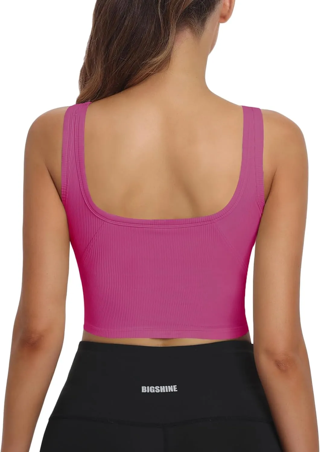 HORISUN Womens Sports Bra Longline Padded Wirefree Workout Tops Medium Support Seamless Ribbed Crop Tops Gym Yoga Tank Shirts