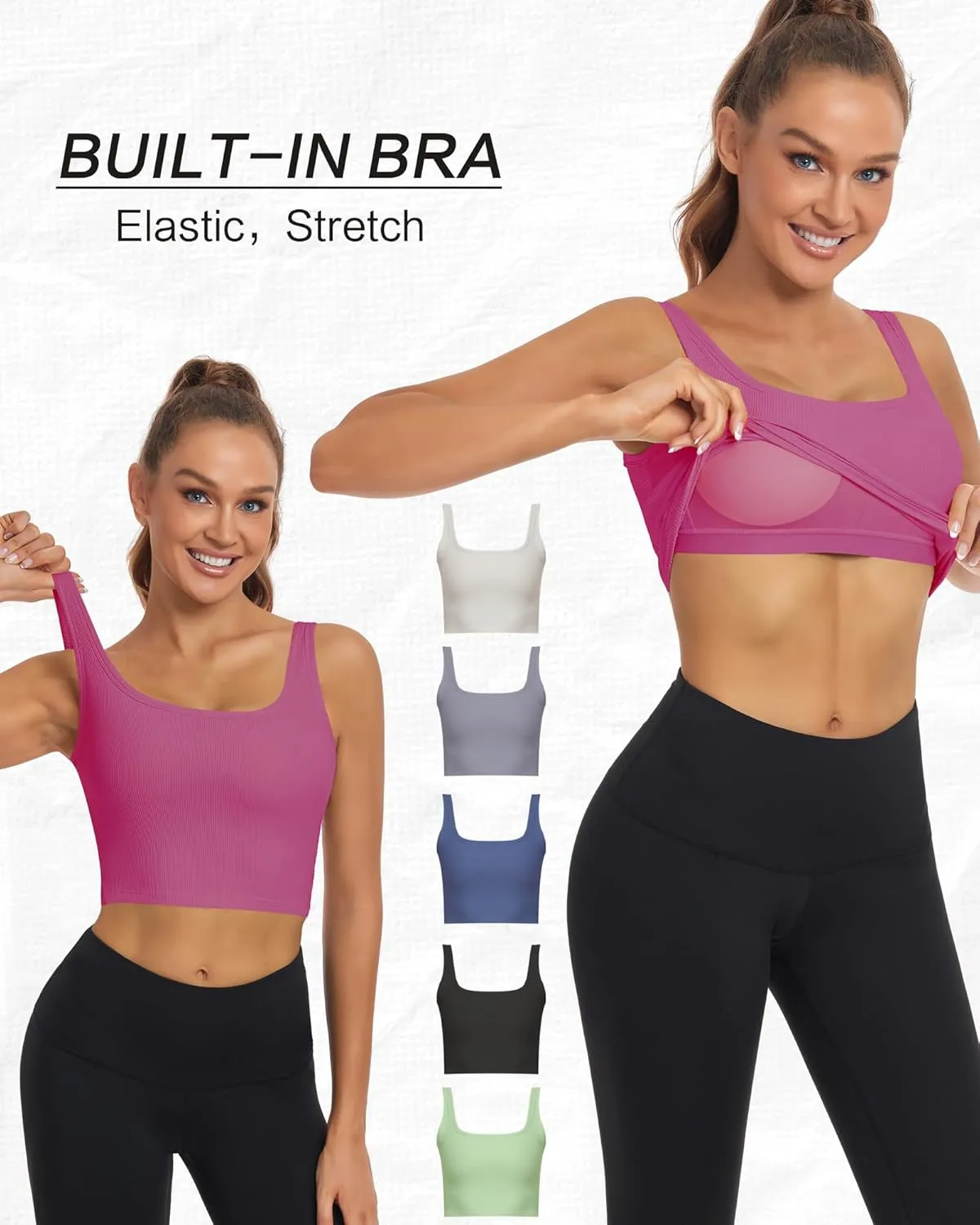 HORISUN Womens Sports Bra Longline Padded Wirefree Workout Tops Medium Support Seamless Ribbed Crop Tops Gym Yoga Tank Shirts