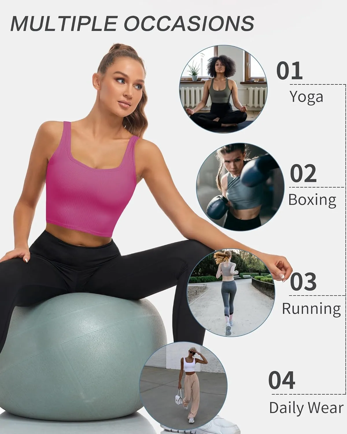 HORISUN Womens Sports Bra Longline Padded Wirefree Workout Tops Medium Support Seamless Ribbed Crop Tops Gym Yoga Tank Shirts