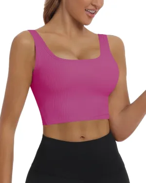HORISUN Womens Sports Bra Longline Padded Wirefree Workout Tops Medium Support Seamless Ribbed Crop Tops Gym Yoga Tank Shirts