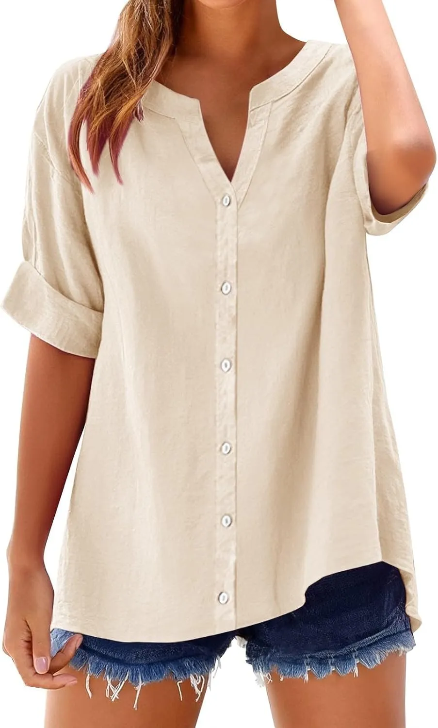 Hvyesh Linen Shirts for Women Womens Tops Shirt Top Women's Button Down Dressy Casual Loose Fitting Trendy Summer 2025