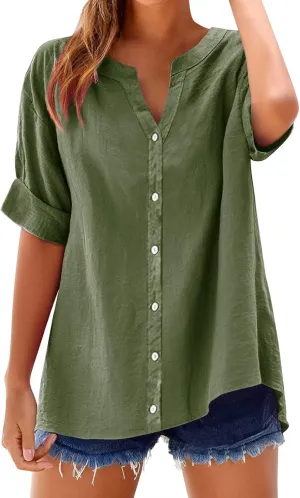 Hvyesh Linen Shirts for Women Womens Tops Shirt Top Women's Button Down Dressy Casual Loose Fitting Trendy Summer 2025