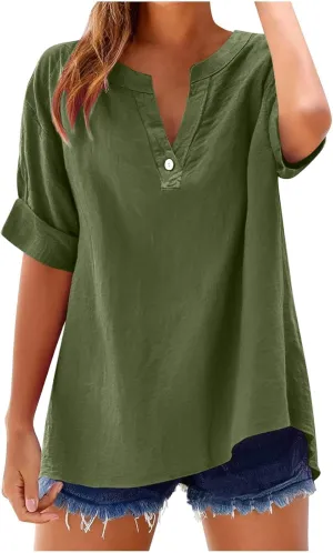 Hvyesh Linen Shirts for Women Womens Tops Shirt Top Women's Button Down Dressy Casual Loose Fitting Trendy Summer 2025
