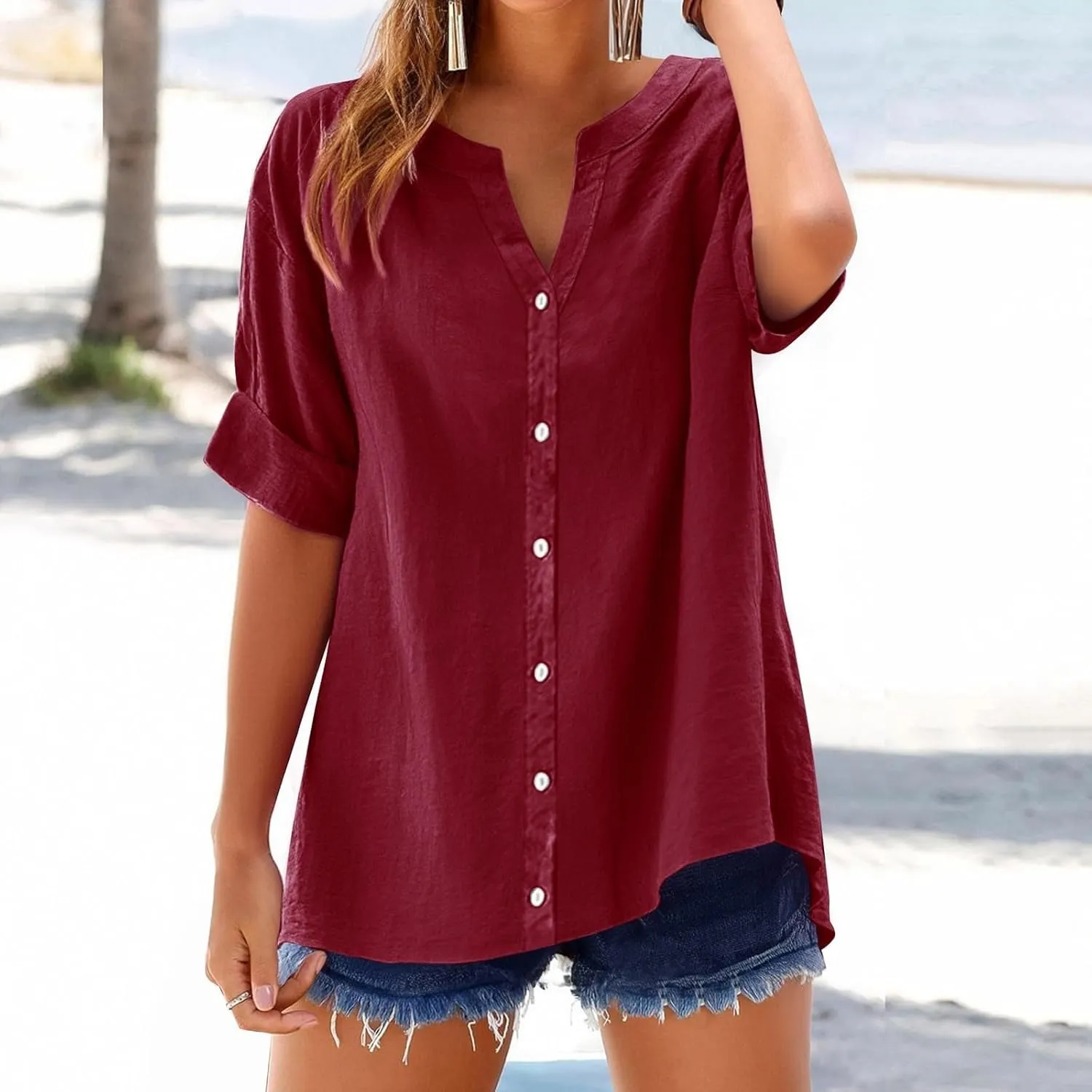 Hvyesh Linen Shirts for Women Womens Tops Shirt Top Women's Button Down Dressy Casual Loose Fitting Trendy Summer 2025