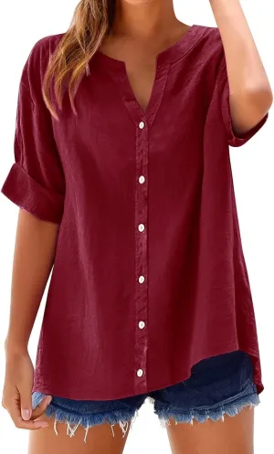 Hvyesh Linen Shirts for Women Womens Tops Shirt Top Women's Button Down Dressy Casual Loose Fitting Trendy Summer 2025