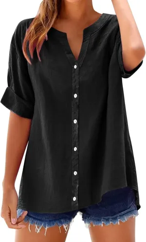 Hvyesh Linen Shirts for Women Womens Tops Shirt Top Women's Button Down Dressy Casual Loose Fitting Trendy Summer 2025
