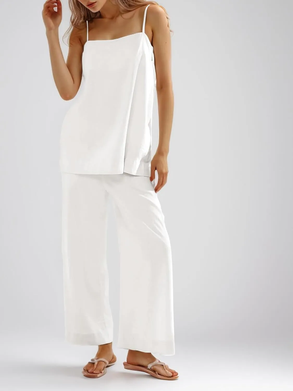 Imily Bela Womens 2 Piece Outfits Linen Set Camisole Tops and Wide Leg Pants Vacation Matching Loungewear