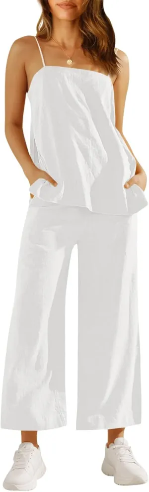 Imily Bela Womens 2 Piece Outfits Linen Set Camisole Tops and Wide Leg Pants Vacation Matching Loungewear