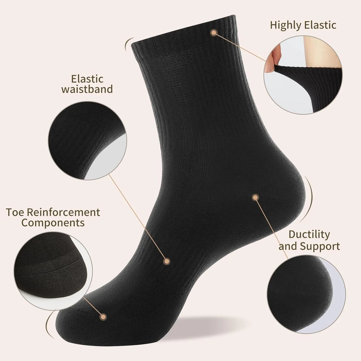 J-BOX Women Breathable Cotton Crew Socks - Cushioned Athletic Socks for Yoga, Running & Casual, 5 Pairs