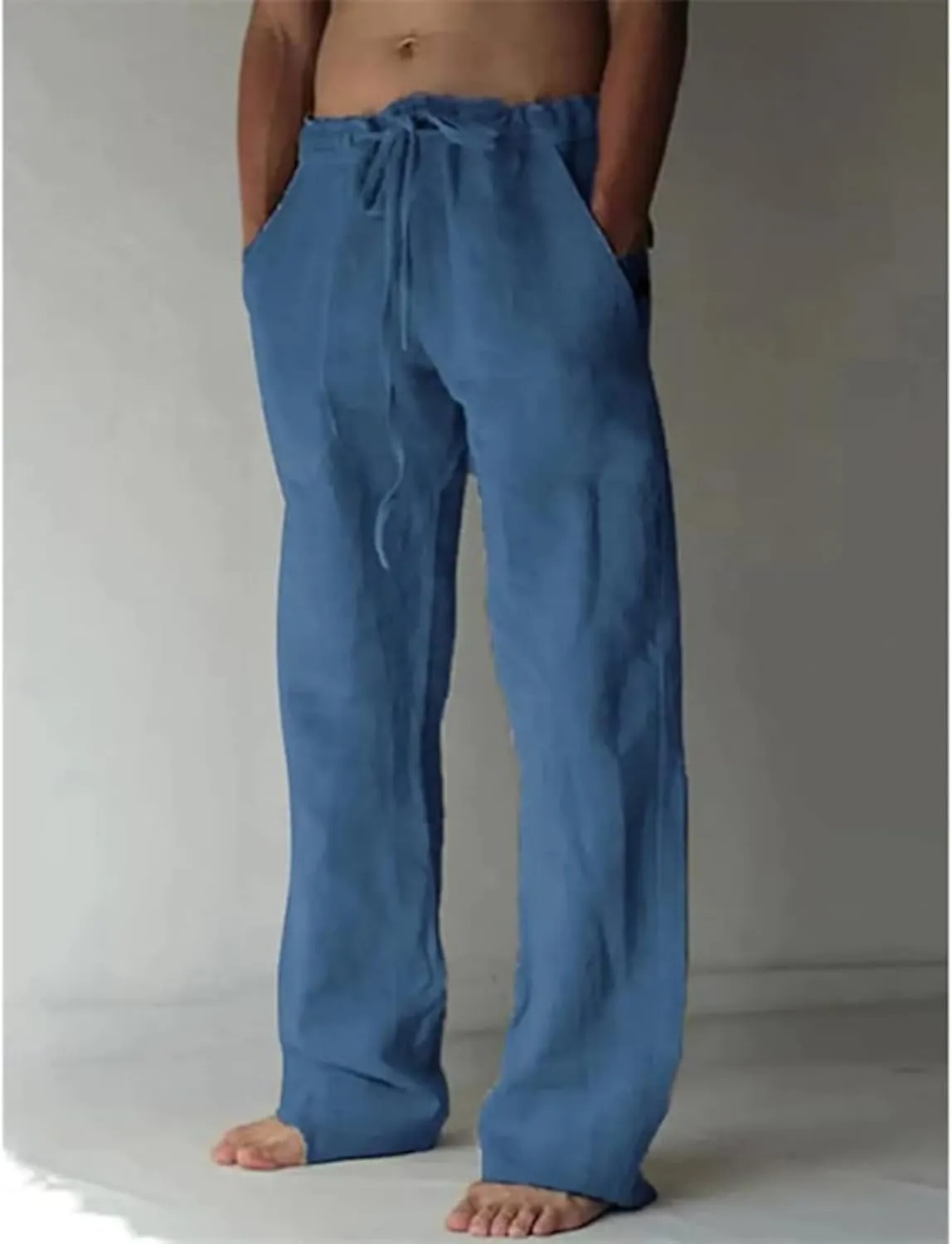 JEShifangjiusu Cotton Linen Pants for Men Casual Elastic Drawstring Waist Summer Beach Pants Loose Yoga Trousers with Pockets