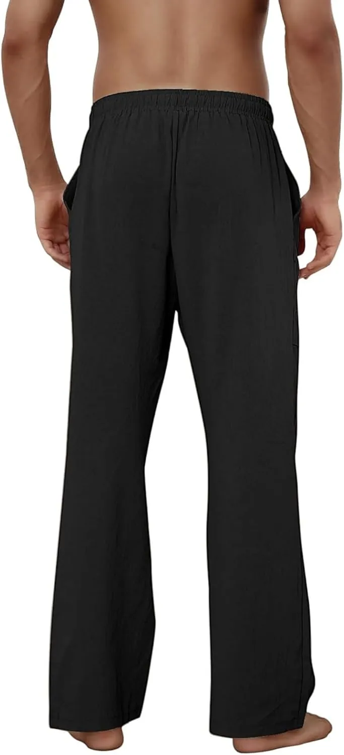 JEShifangjiusu Cotton Linen Pants for Men Casual Elastic Drawstring Waist Summer Beach Pants Loose Yoga Trousers with Pockets