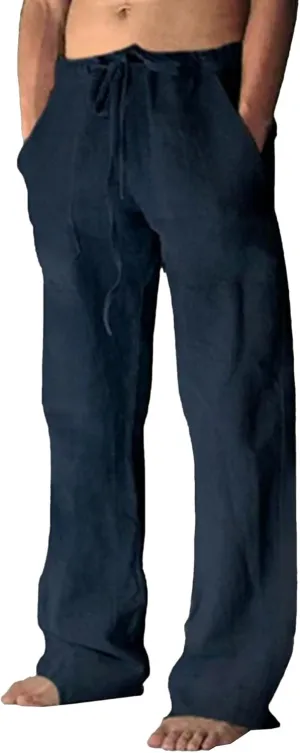 JEShifangjiusu Cotton Linen Pants for Men Casual Elastic Drawstring Waist Summer Beach Pants Loose Yoga Trousers with Pockets