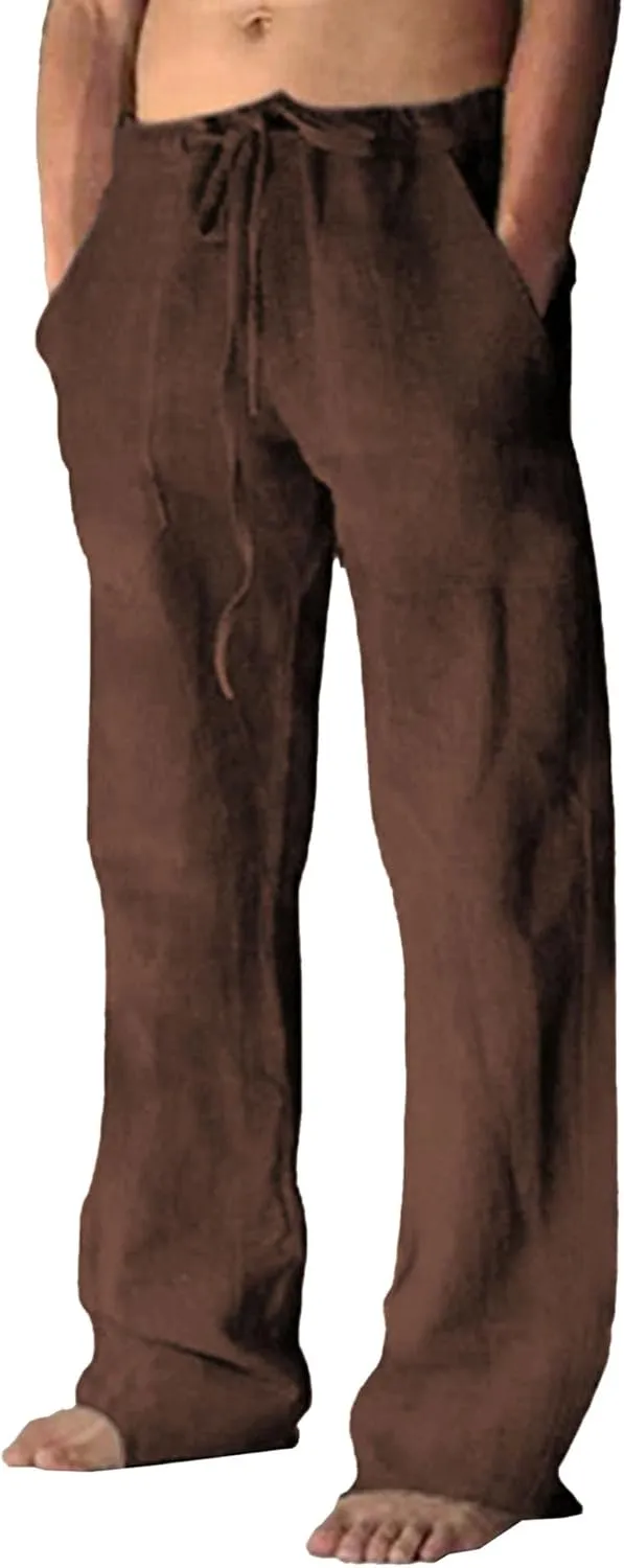 JEShifangjiusu Cotton Linen Pants for Men Casual Elastic Drawstring Waist Summer Beach Pants Loose Yoga Trousers with Pockets