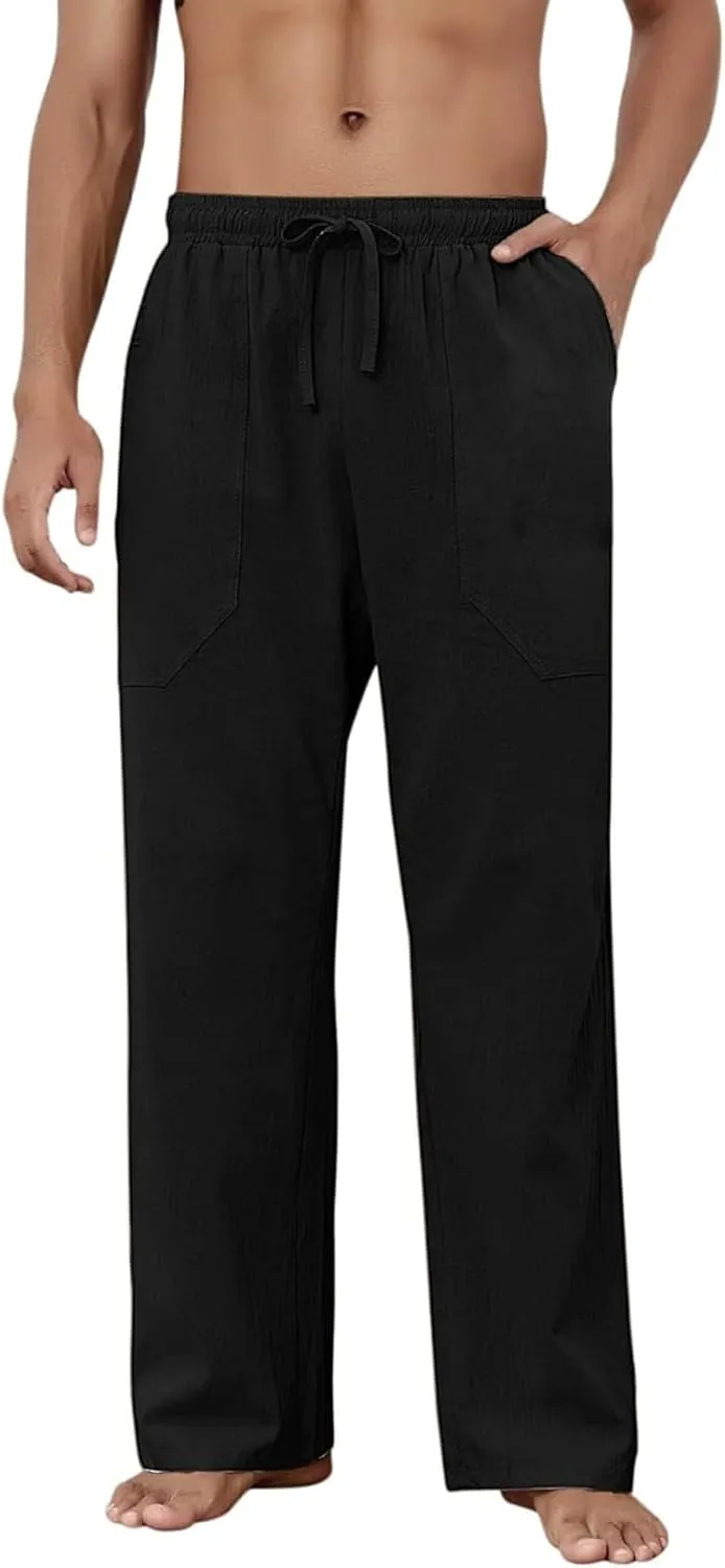 JEShifangjiusu Cotton Linen Pants for Men Casual Elastic Drawstring Waist Summer Beach Pants Loose Yoga Trousers with Pockets