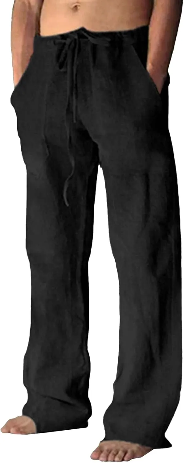 JEShifangjiusu Cotton Linen Pants for Men Casual Elastic Drawstring Waist Summer Beach Pants Loose Yoga Trousers with Pockets