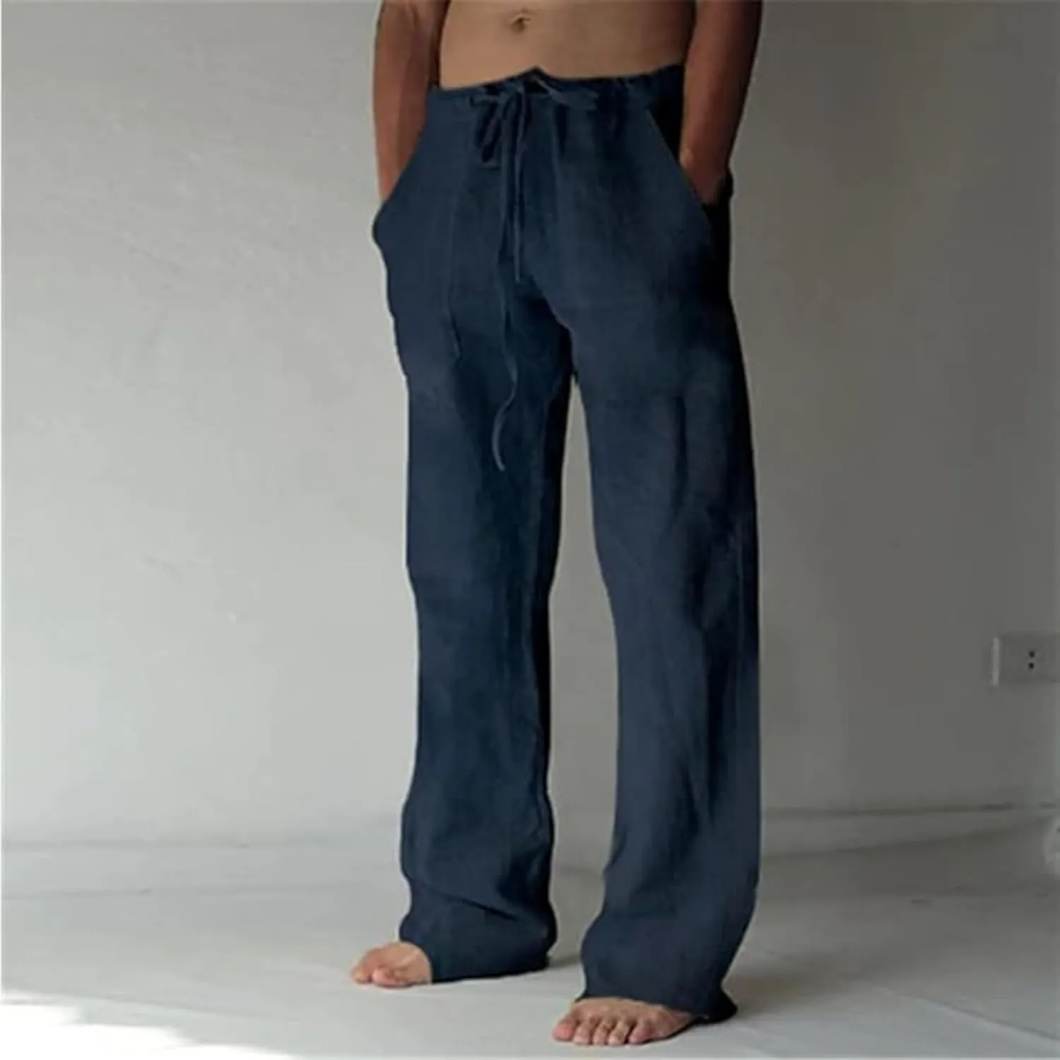 JEShifangjiusu Cotton Linen Pants for Men Casual Elastic Drawstring Waist Summer Beach Pants Loose Yoga Trousers with Pockets