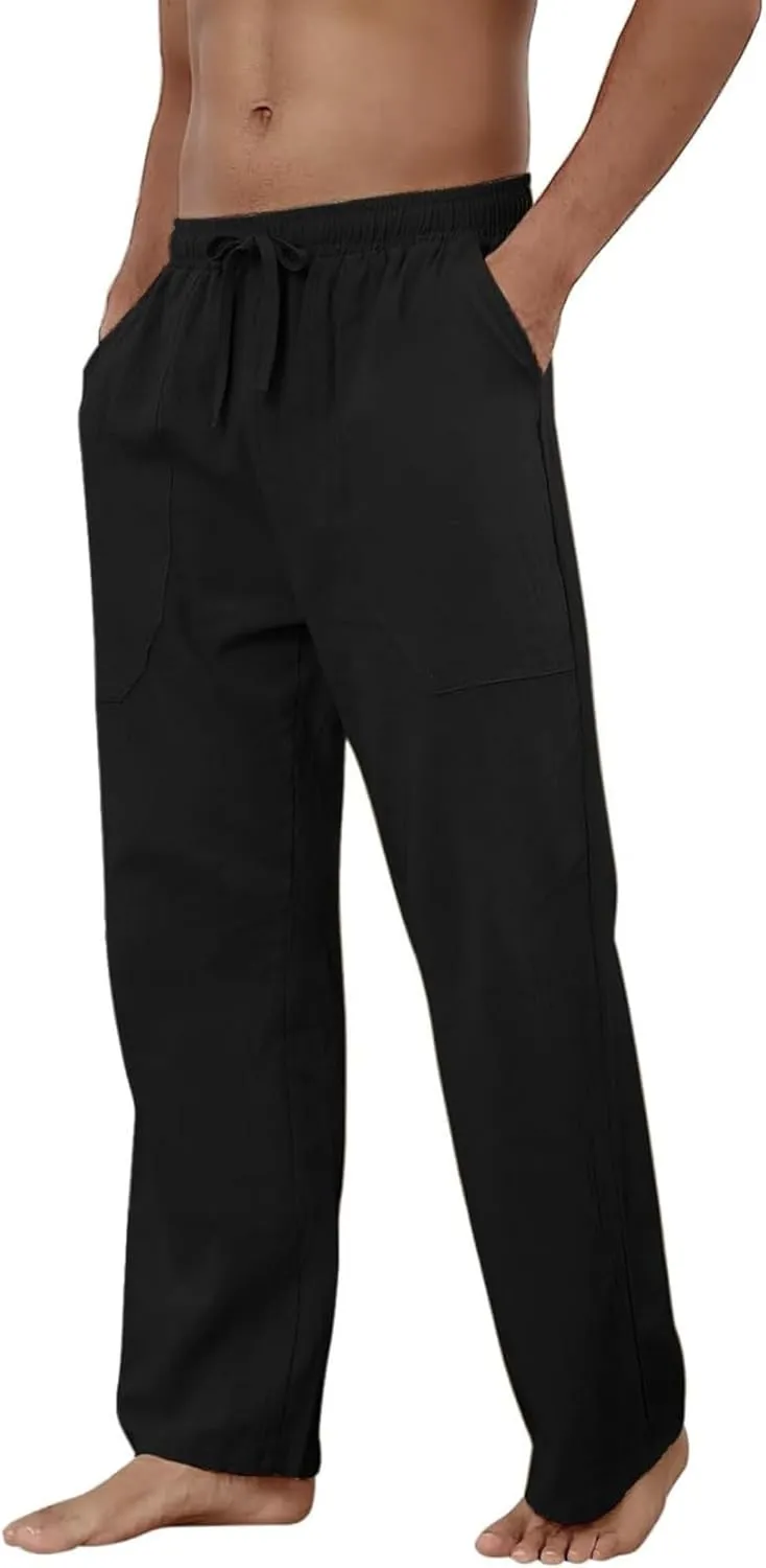 JEShifangjiusu Cotton Linen Pants for Men Casual Elastic Drawstring Waist Summer Beach Pants Loose Yoga Trousers with Pockets