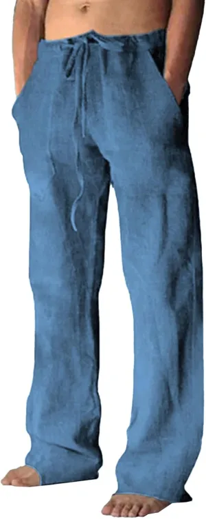 JEShifangjiusu Cotton Linen Pants for Men Casual Elastic Drawstring Waist Summer Beach Pants Loose Yoga Trousers with Pockets