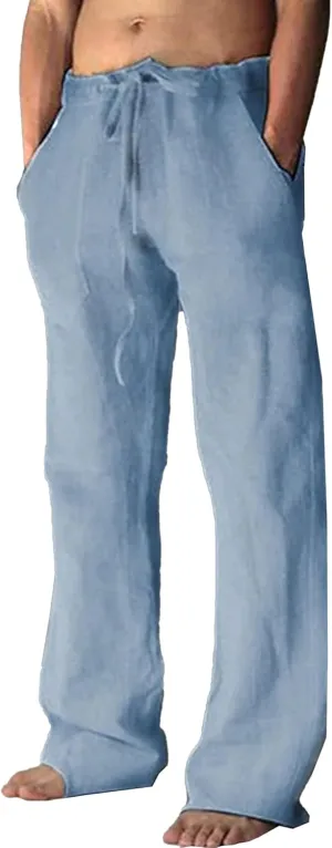 JEShifangjiusu Men Casual Elastic Drawstring Waist Summer Beach Pants Cotton Linen Pants Loose Yoga Trousers with Pockets