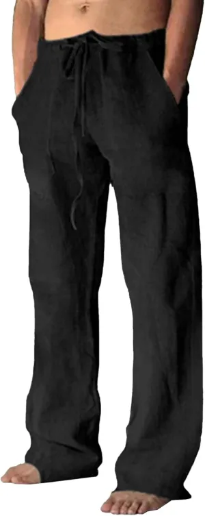 JEShifangjiusu Men Casual Elastic Drawstring Waist Summer Beach Pants Cotton Linen Pants Loose Yoga Trousers with Pockets