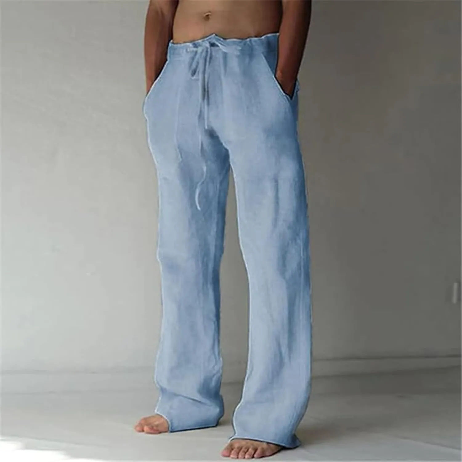 JEShifangjiusu Men Casual Elastic Drawstring Waist Summer Beach Pants Cotton Linen Pants Loose Yoga Trousers with Pockets